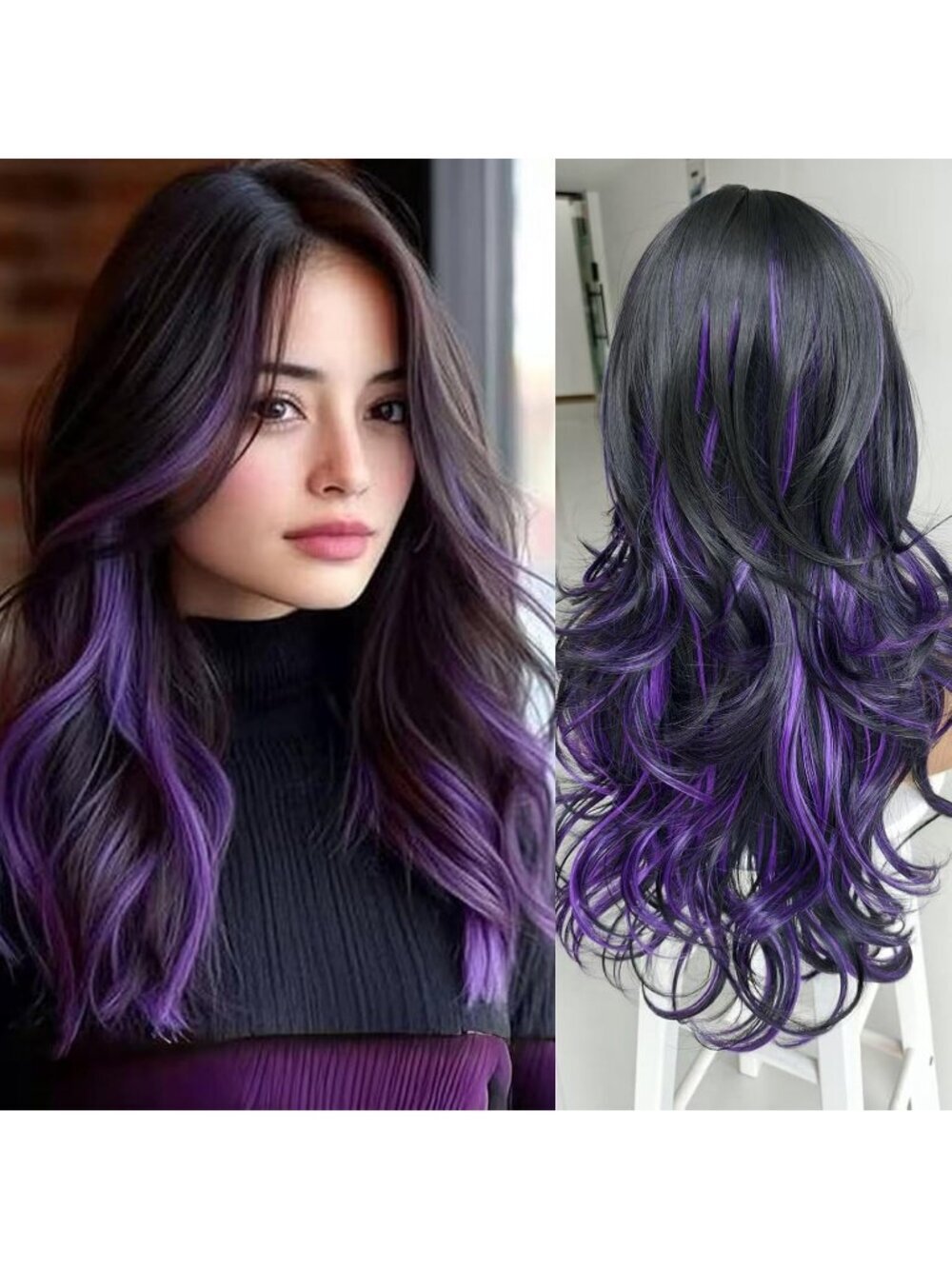 Women's Black Purple Long Blonde Wavy Synthetic Platinum Layered Classic Wigs
